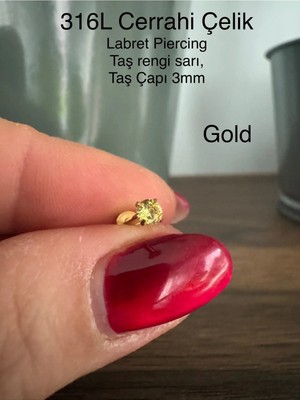 Bylin 316L Cerrahi Çelik Gold Taşlı, Gold Labret Piercing (Taş Çapı 3mm)-1 Adet