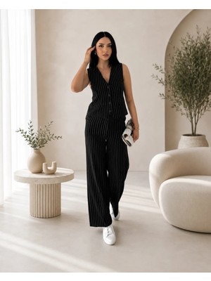 İkales Yelek Pantolon Ikili Takım Çizgili Şık Modern Kadın