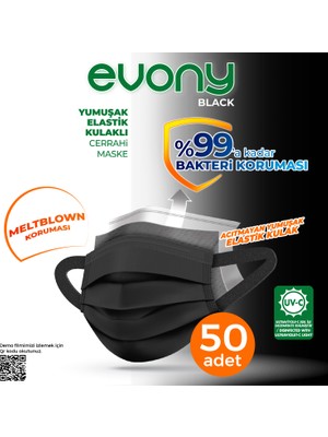 Evony Black Cerrahi Maske %99 Bakteri Koruması Telli Özellikli 50 Adet Yumuşak Elastik Kulaklı