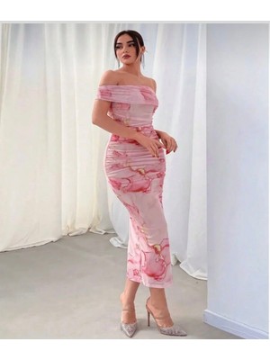 Eclatant Boutuqie Kadın Pembe Drapeli Midi Abiye Elbise - Madonna Yaka Mermer Desenli Söz Nişan ve Davet Elbisesi
