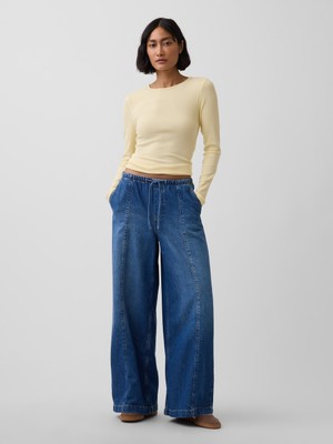 Gap Kadın Mavi Mid Rise Ultrasoft Easy Seamed Baggy Jean Pantolon