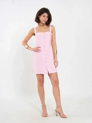 Ayshan Düğmeli Mini Elbise Pembe
