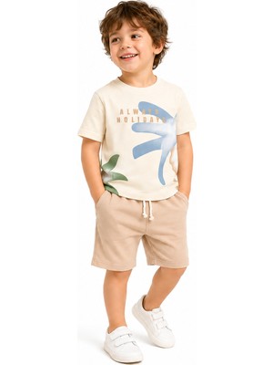Tucan Kids Erkek Çocuk Yazlık Tişört ve Şort Takımı %100 Pamuk Bej 2'li Takım 2-3-4-5 Yaş