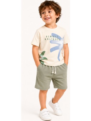 Tucan Kids Erkek Çocuk Yazlık Tişört ve Şort Takımı %100 Pamuk Ekru Haki 2'li Takım 2-3-4-5 Yaş