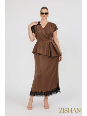 Saten Peplum Dantel Detaylı Etek Bluz Ikili Büyük Beden Takım | 44-46-48-50 Beden 8402