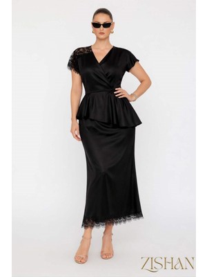 Saten Peplum Dantel Detaylı Etek Bluz Ikili Büyük Beden Takım | 44-46-48-50 Beden 8402