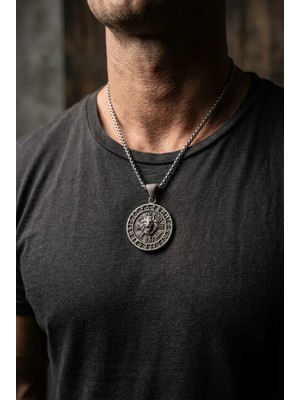 Begondio Aslanlı Vegvisir Pusula El İşçiliği Paslanmaz Çelik Zincir Erkek Kolye