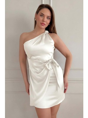 Zishan Fashion Tek Omuz Saten Mini Elbise - Düğüm Detaylı Kısa Abiye - 2770 36-48 Beden