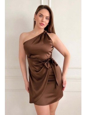 Zishan Fashion Tek Omuz Saten Mini Elbise - Düğüm Detaylı Kısa Abiye - 2770 36-48 Beden