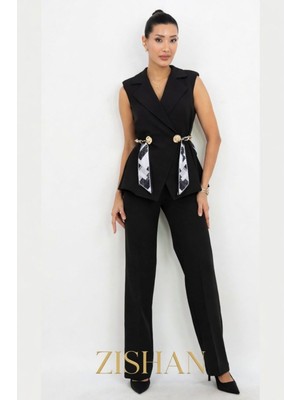 Zishan Fashion Krep Kruvaze Yelekli Takım Elbise - Premier Seri - Siyah / Beyaz / Latte 36051