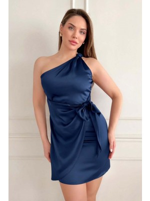 Zishan Fashion Tek Omuz Saten Mini Elbise - Düğüm Detaylı Kısa Abiye - 2770 36-48 Beden