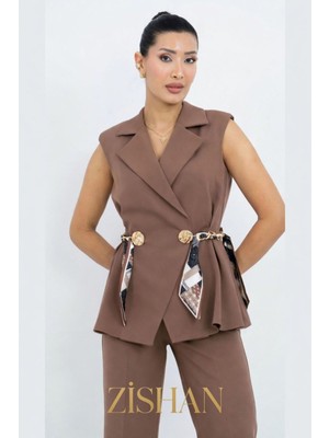 Zishan Fashion Krep Kruvaze Yelekli Takım Elbise - Premier Seri - Siyah / Beyaz / Latte 36051