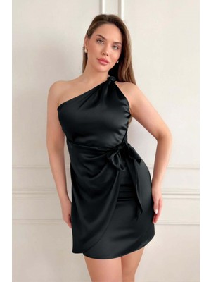 Zishan Fashion Tek Omuz Saten Mini Elbise - Düğüm Detaylı Kısa Abiye - 2770 36-48 Beden