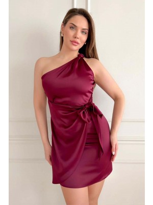 Zishan Fashion Tek Omuz Saten Mini Elbise - Düğüm Detaylı Kısa Abiye - 2770 36-48 Beden