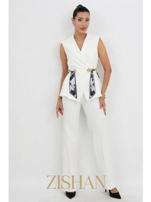 Zishan Fashion Krep Kruvaze Yelekli Takım Elbise - Premier Seri - Siyah / Beyaz / Latte 36051