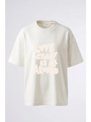 Anetos Love Actually Tasarım Sırt Baskılı Pamuk Beyaz Oversize T-Shirt
