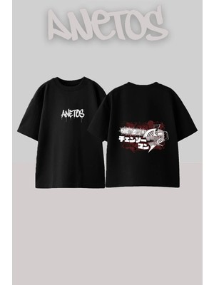 Anetos Chainsaw Man Tasarım Sırt Baskılı Pamuk Siyah Oversize T-Shirt