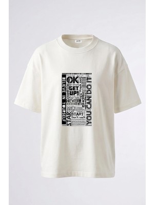 Anetos Motivational Typography Tasarım Sırt Baskılı Pamuk Beyaz Oversize T-Shirt