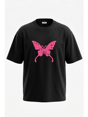 Anetos Pink Butterfly Tasarım Sırt Baskılı Pamuk Siyah Oversize T-Shirt