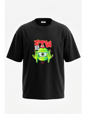 Anetos Goz Isyan Tasarım Sırt Baskılı Pamuk Siyah Oversize T-Shirt