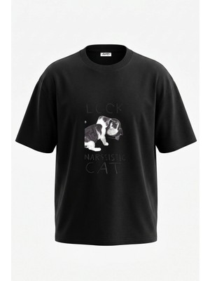 Anetos Narcissistic Cat Tasarım Sırt Baskılı Pamuk Siyah Oversize T-Shirt