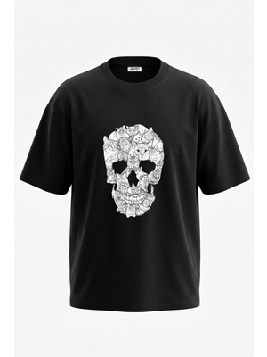 Anetos Kedi Kuru Kafa Tasarım Sırt Baskılı Pamuk Siyah Oversize T-Shirt