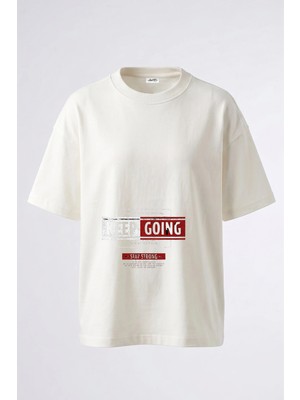 Anetos Keep Going Tasarım Sırt Baskılı Pamuk Beyaz Oversize T-Shirt