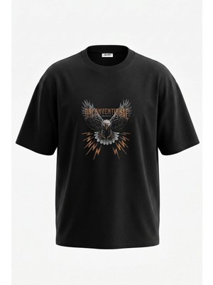 Anetos Screaming Eagle Tasarım Sırt Baskılı Pamuk Siyah Oversize T-Shirt