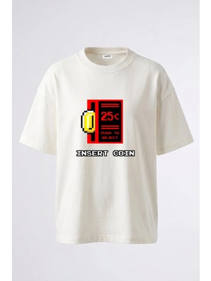 Anetos Insert Coin_1 Tasarım Sırt Baskılı Pamuk Beyaz Oversize T-Shirt