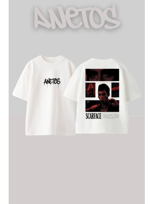 Anetos Tony Montana Scarface Red Streetwear Tarz Sırt Baskılı Pamuklu Beyaz Oversize T-Shirt