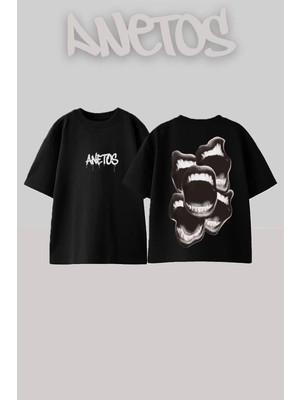 Anetos Open Mouths Tasarım Sırt Baskılı Pamuk Siyah Oversize T-Shirt