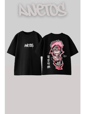 Anetos Sukuna Ryomen Tasarım Sırt Baskılı Pamuk Siyah Oversize T-Shirt