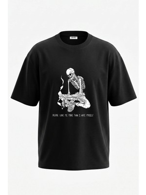 Anetos Gothic Skeleton Tasarım Sırt Baskılı Pamuk Siyah Oversize T-Shirt