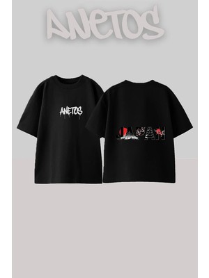 Anetos Japan Wordmark Tasarım Sırt Baskılı Pamuk Siyah Oversize T-Shirt