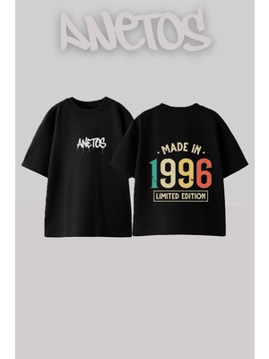 Anetos Made 1996 Tasarım Sırt Baskılı Pamuk Siyah Oversize T-Shirt