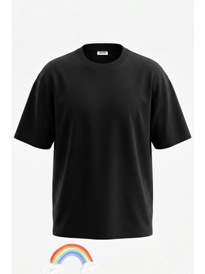 Anetos Rainbow Tasarım Sırt Baskılı Pamuk Siyah Oversize T-Shirt