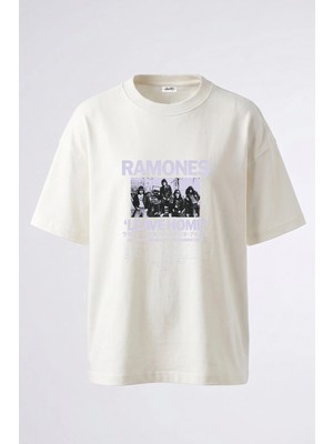 Anetos Ramones Band Tasarım Sırt Baskılı Pamuk Beyaz Oversize T-Shirt