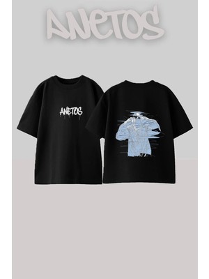 Anetos Hooded Person Tasarım Sırt Baskılı Pamuk Siyah Oversize T-Shirt