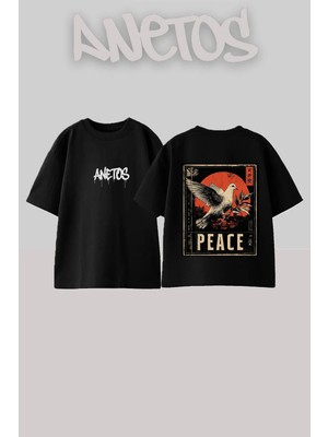 Anetos Peace Dove Tasarım Sırt Baskılı Pamuk Siyah Oversize T-Shirt
