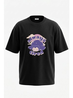Anetos Snorlax Tasarım Sırt Baskılı Pamuk Siyah Oversize T-Shirt