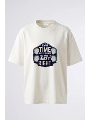 Anetos Motivasyon Saat Tasarım Sırt Baskılı Pamuk Beyaz Oversize T-Shirt