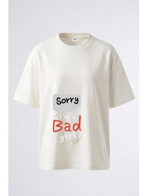 Anetos Sorry Bad Girl Tasarım Sırt Baskılı Pamuk Beyaz Oversize T-Shirt