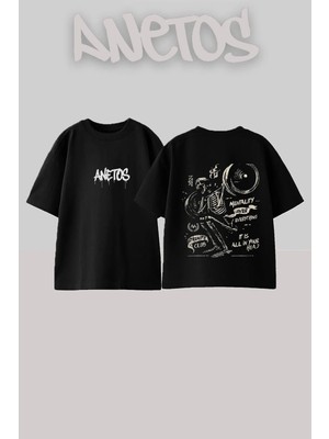 Anetos Skeleton Lifter Tasarım Sırt Baskılı Pamuk Siyah Oversize T-Shirt