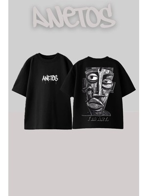 Anetos Abstract Portrait 1 Tasarım Sırt Baskılı Pamuk Siyah Oversize T-Shirt