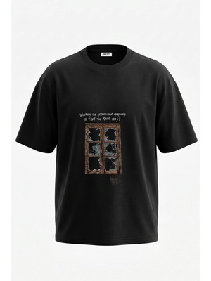 Anetos Kirik Pencere Tasarım Sırt Baskılı Pamuk Siyah Oversize T-Shirt