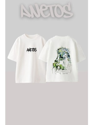 Anetos Jesus Christ Tasarım Sırt Baskılı Pamuk Beyaz Oversize T-Shirt