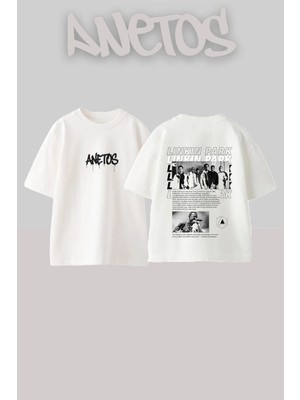Anetos Linkin Park 6 Tasarım Sırt Baskılı Pamuk Beyaz Oversize T-Shirt
