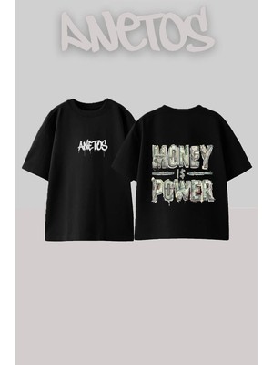 Anetos Money Power Tasarım Sırt Baskılı Pamuk Siyah Oversize T-Shirt
