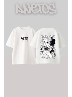 Anetos Yuta Okkostu Tasarım Sırt Baskılı Pamuk Beyaz Oversize T-Shirt