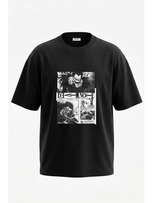 Anetos Ryuk Death Note Tasarım Sırt Baskılı Pamuk Siyah Oversize T-Shirt